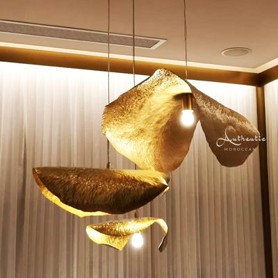 Twisted Lotus Leaf Ceiling Light, Gold Hammered Brass