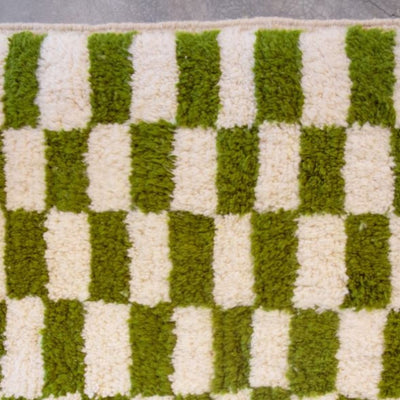 Checkered Rug Green and White Colour Wool Beni Ourain Moroccan Rug - Authentic Moroccan