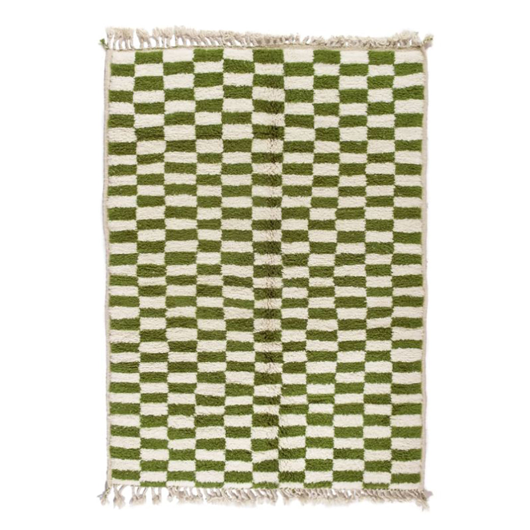 Checkered Rug Green and White Colour Wool Beni Ourain Moroccan Rug - Authentic Moroccan