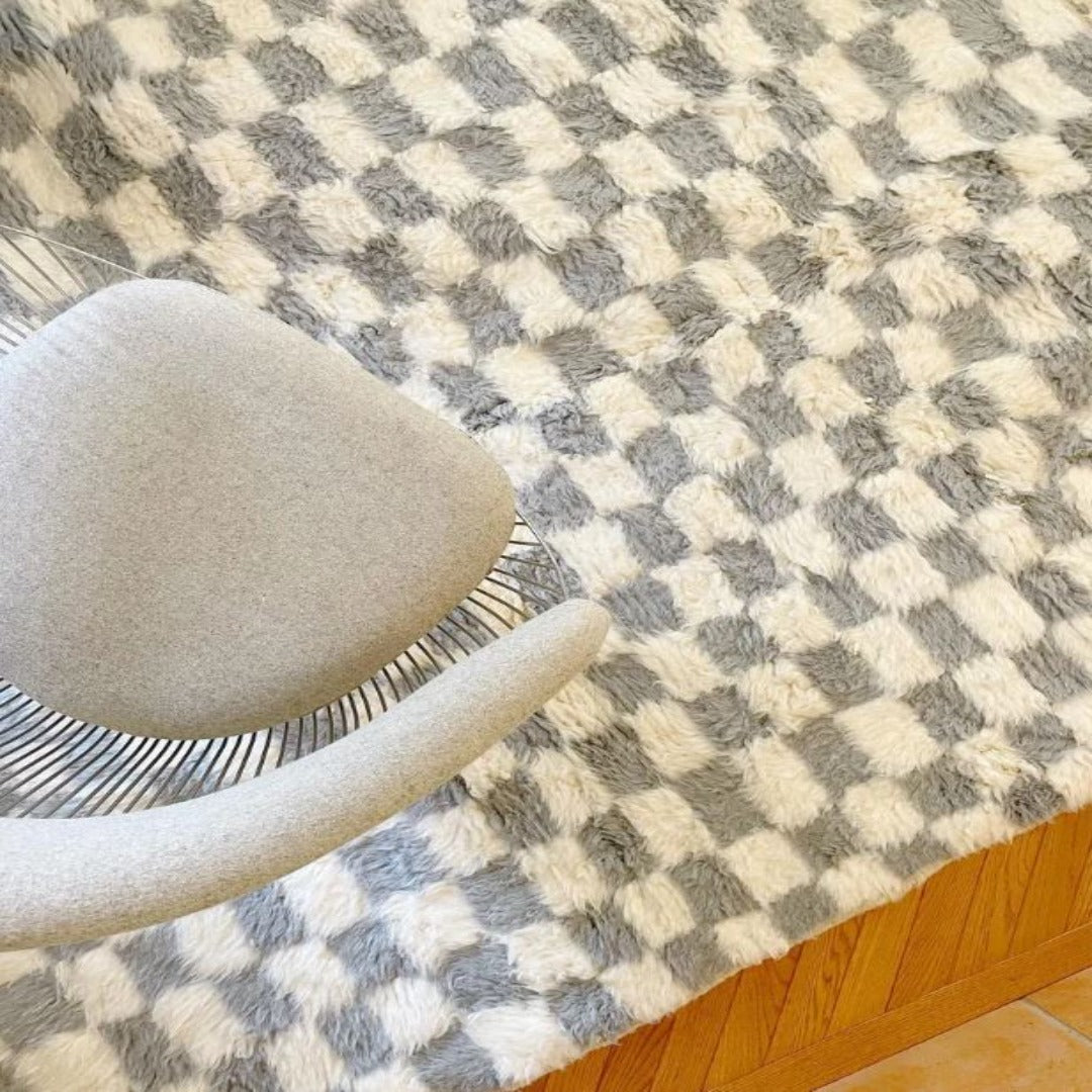 Checkered Rug Grey and White Colour Wool Beni Ourain Moroccan Rug - Authentic Moroccan