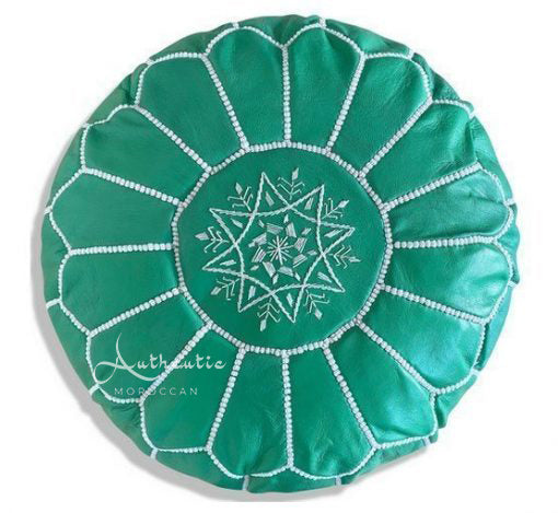 Moroccan Leather Pouffe, Green Mint