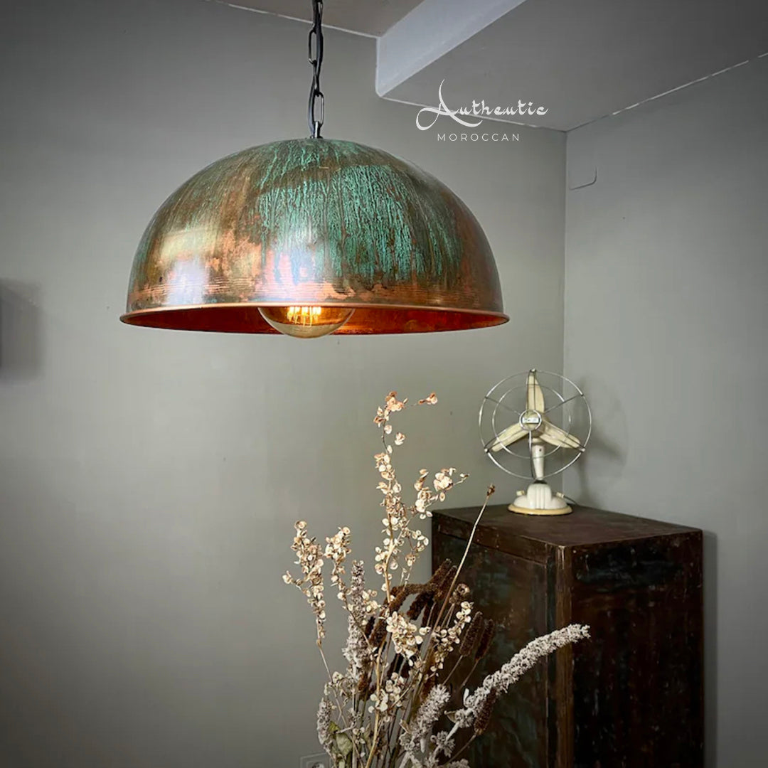 Oxidised Copper Dome Ceiling Light, Green Patina, Antique oxidised copper dome design - Authentic Moroccan