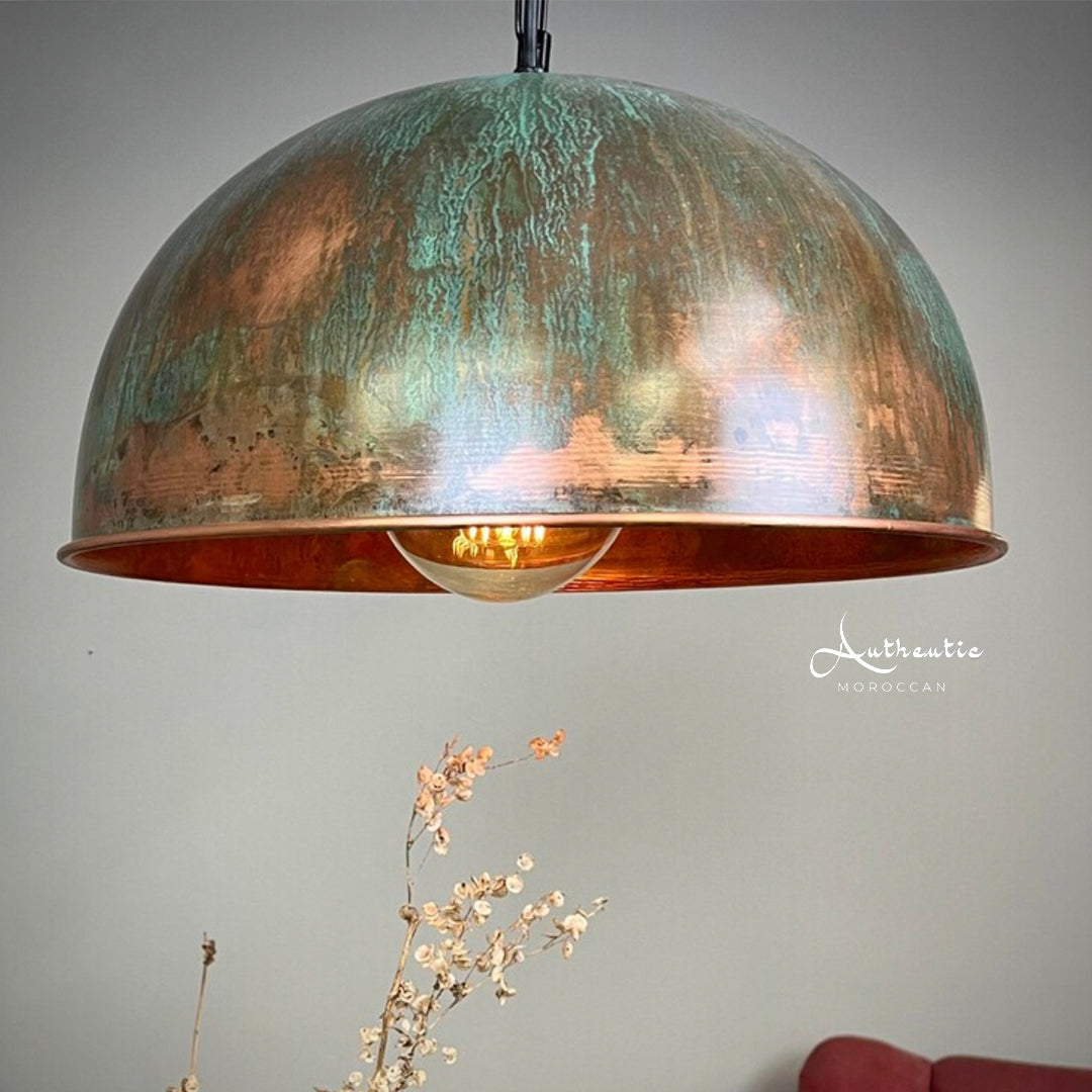 Oxidised Copper Dome Ceiling Light, Green Patina, Antique oxidised copper dome design - Authentic Moroccan 