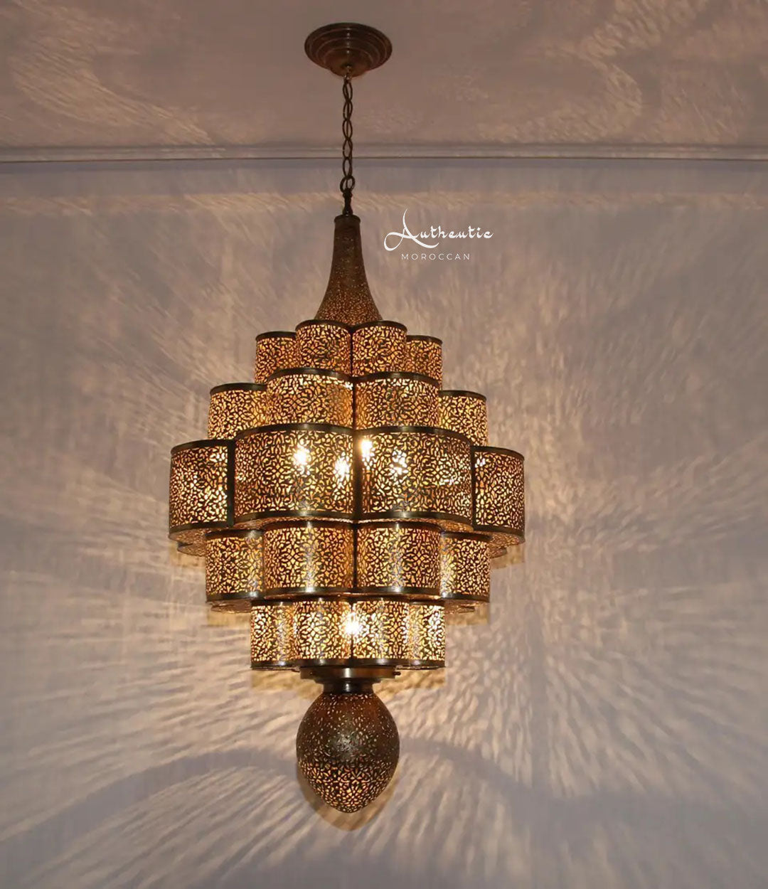 Moroccan Brass Chandelier Handmade Ceiling Light design Arabic filigree - Authentic Moroccan