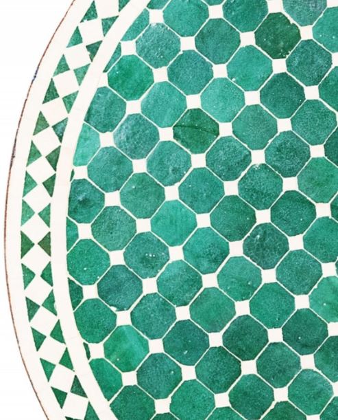 Moroccan Mosaic Table for Garden, Outdoor round table with handcrafted green and off white tiles rustic design - Authentic Moroccan