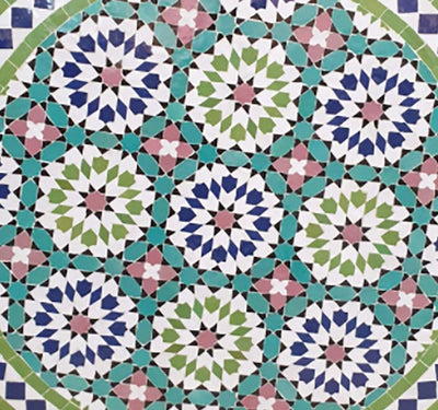 Moroccan Zellige Mosaic Table Garden Outdoor round table tiles handmade blue, pink. black and green traditional design - Authentic Moroccan