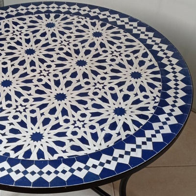 Moroccan Zellige Mosaic Table Garden Outdoor round table tiles handmade blue and white traditional design - Authentic Moroccan