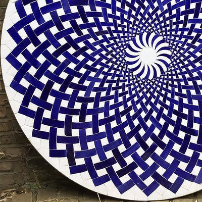 Moroccan Zellige Mosaic Table Garden Outdoor round table tiles handmade blue and white spiral design - Authentic Moroccan