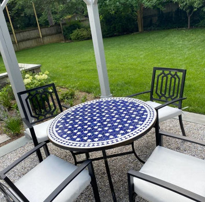 Moroccan Zellige Mosaic Table Garden Outdoor round table tiles handmade blue and white design - Authentic Moroccan