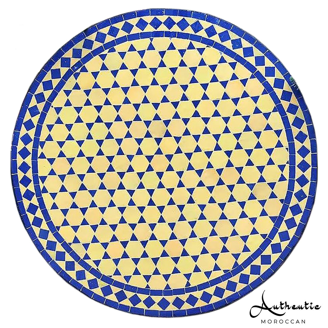 Moroccan Mosaic Table Garden Outdoor round table tiles handmade yellow and blue design - Authentic Moroccan