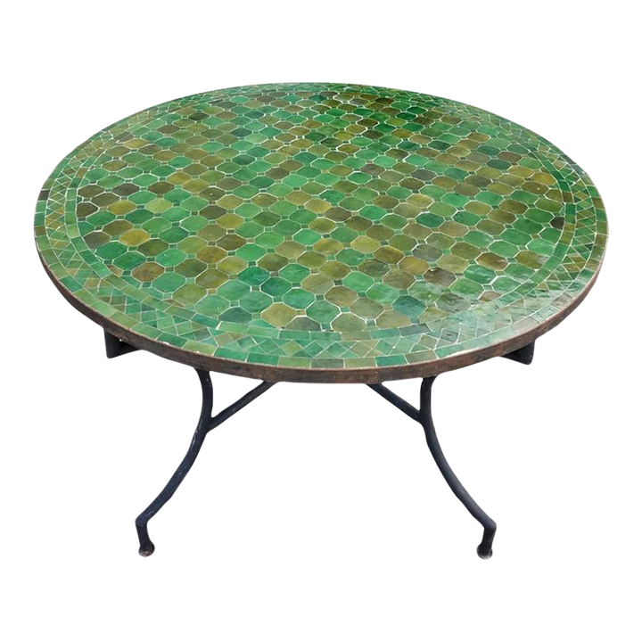 Tamegroute Moroccan Mosaic Table for Garden, Outdoor round table with handcrafted green natural tiles rustic design - Authentic Moroccan