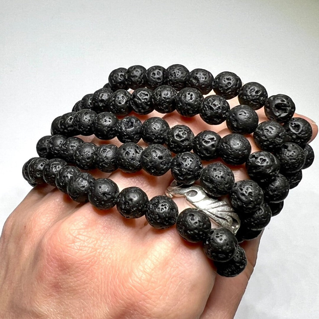 black beads bracelet of Lava stone gemstone beads, which are approximately 7-8mm in size. 100% natural and never enhanced.