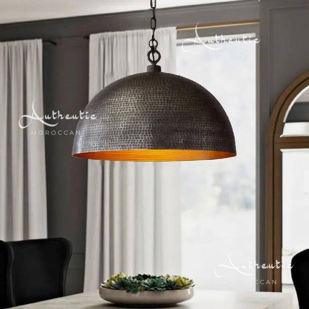 BRASS DOME CEILING PENDANT LIGHT, HAMMERED BLACK & GOLD OVER DINING TABLE KITCHEN ISLAND DOME DESIGN