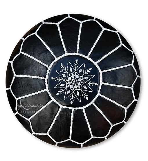 Moroccan Leather Pouffe, Black and White