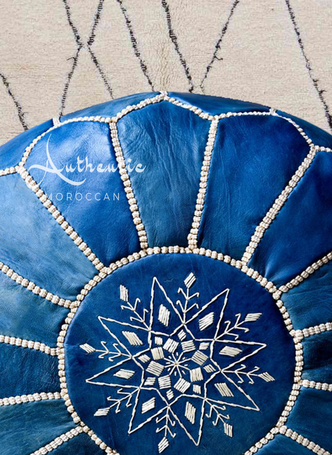 Moroccan Leather Pouffe, Royal Blue