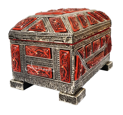 Antiguo joyero marroquí hecho a mano en hueso de camello y metal - Rojo