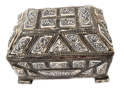 Antiguo joyero marroquí hecho a mano en hueso de camello y metal - Blanco