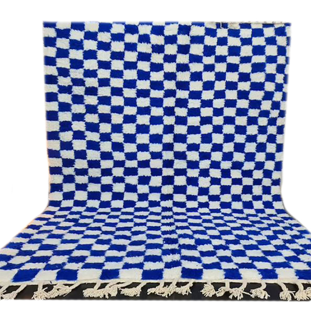 Checkered Rug blue and Cream white Colour Wool Beni Ourain Moroccan Rug - Authentic Moroccan