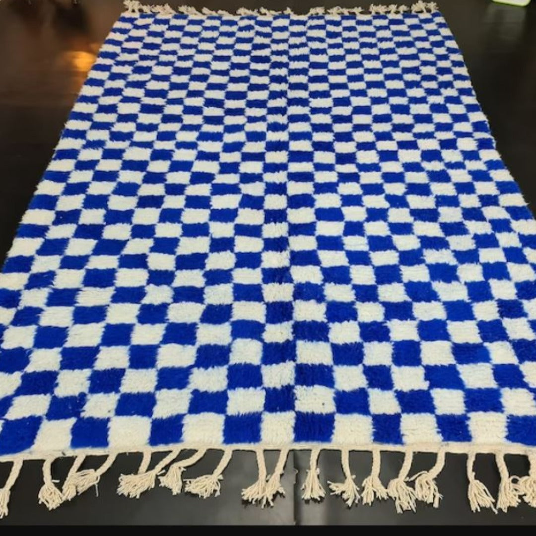 Checkered Rug Blue and Cream white Colour Wool Beni Ourain Moroccan Rug - Authentic Moroccan