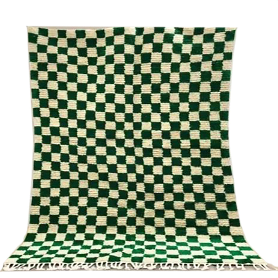 Checkered Rug Green and Cream Colour Wool Beni Ourain Moroccan Rug - Authentic Moroccan