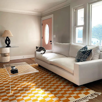 Checkered Wool Rug - Gold Brown & White