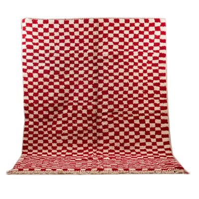 Checkered Rug Red and Cream white Colour Wool Beni Ourain Moroccan Rug - Authentic Moroccan