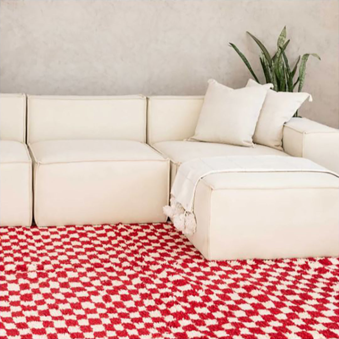 Checkered Rug Red and Cream white Colour Wool Beni Ourain  Moroccan Rug - Authentic Moroccan
