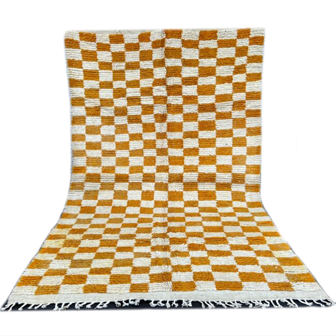 Checkered Rug gold brown and Cream white Colour Wool Beni Ourain Moroccan Rug - Authentic Moroccan