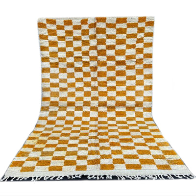 Checkered Rug gold brown and Cream white Colour Wool Beni Ourain Moroccan Rug - Authentic Moroccan