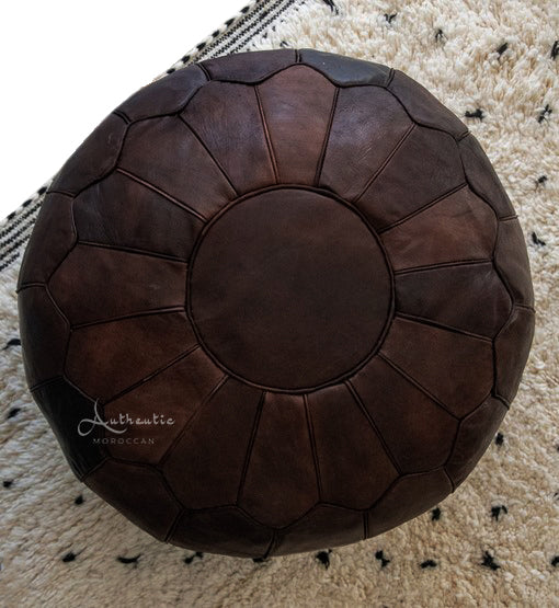 Moroccan Classic Leather Pouffe, Chocolate Brown