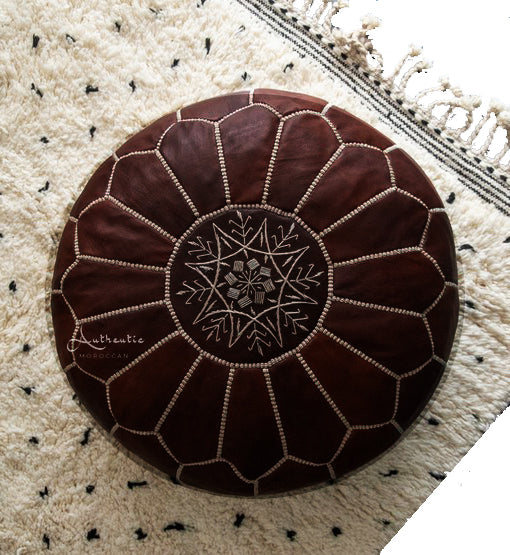 Moroccan Leather Pouffe, Dark Brown