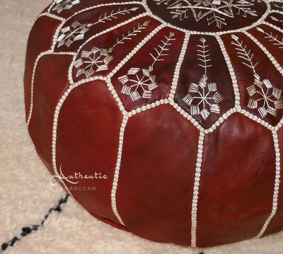 Moroccan Embroidered Leather Pouffe, Honey Brown