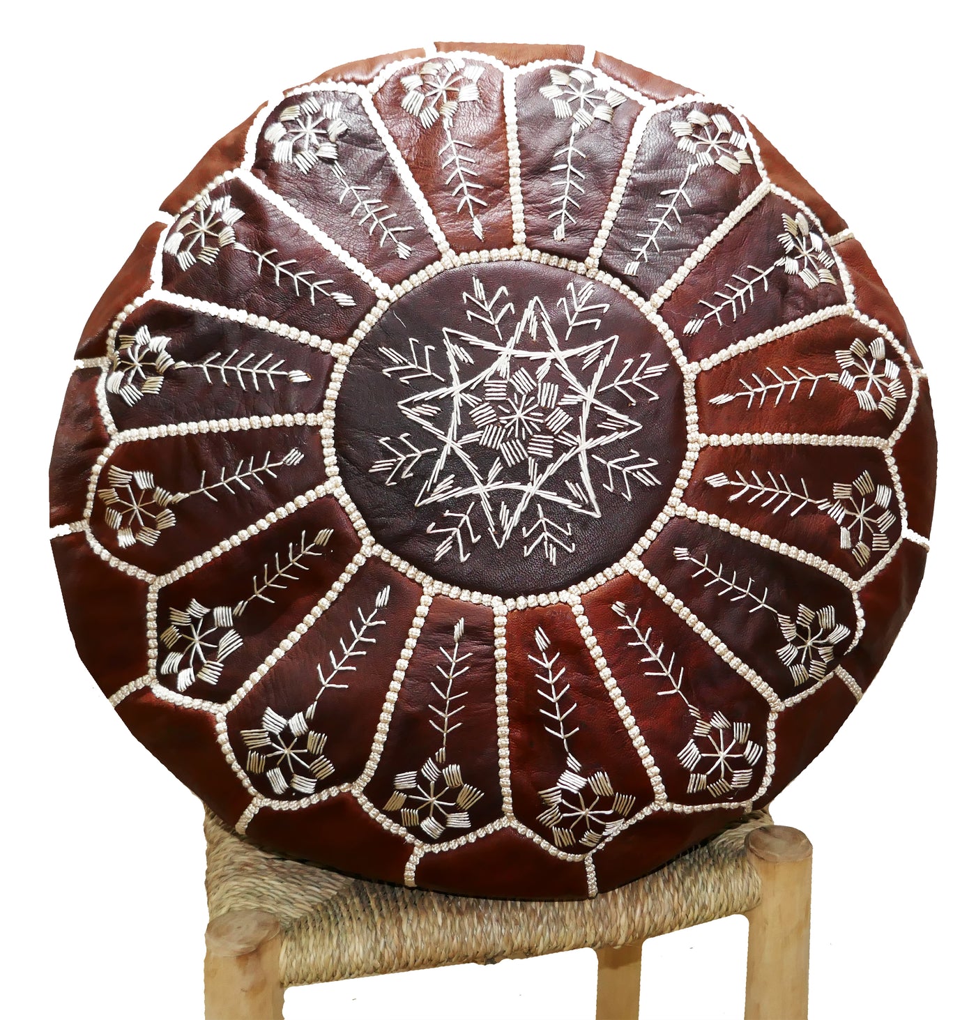 Moroccan Embroidered Leather Pouffe, Honey Brown