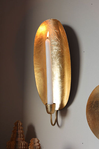 Oval Gold Leaf Candlestick Holder Wall Sconce, Set of 2