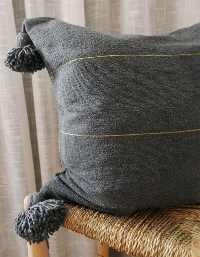 PomPom Pillow, Dark Grey with Golden Stripes