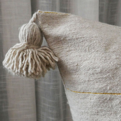 PomPom Pillow, Cream with Silver / Golden Stripes