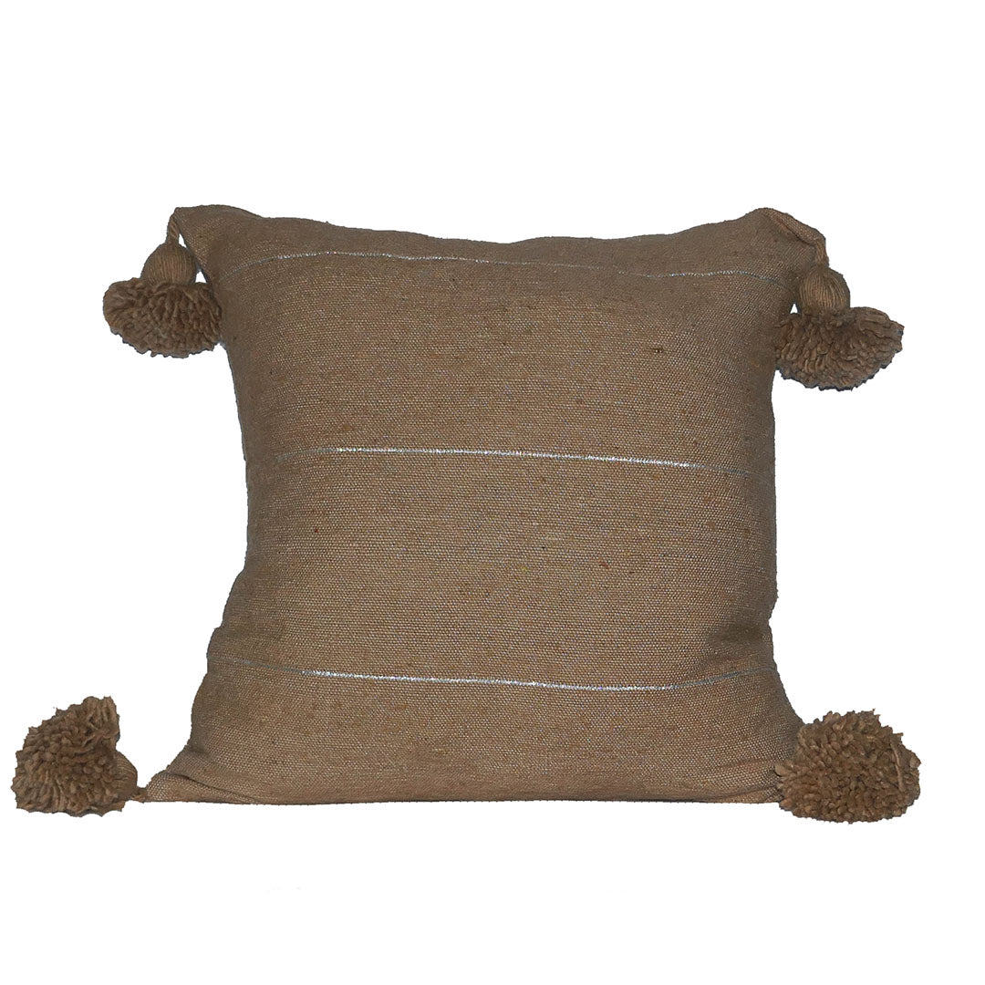 PomPom Pillow, Light Brown with Silver Stripes