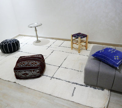 genuine beni ouarain handmade abstract wool moroccan rug berber neutral minimalist modern cream black carpet