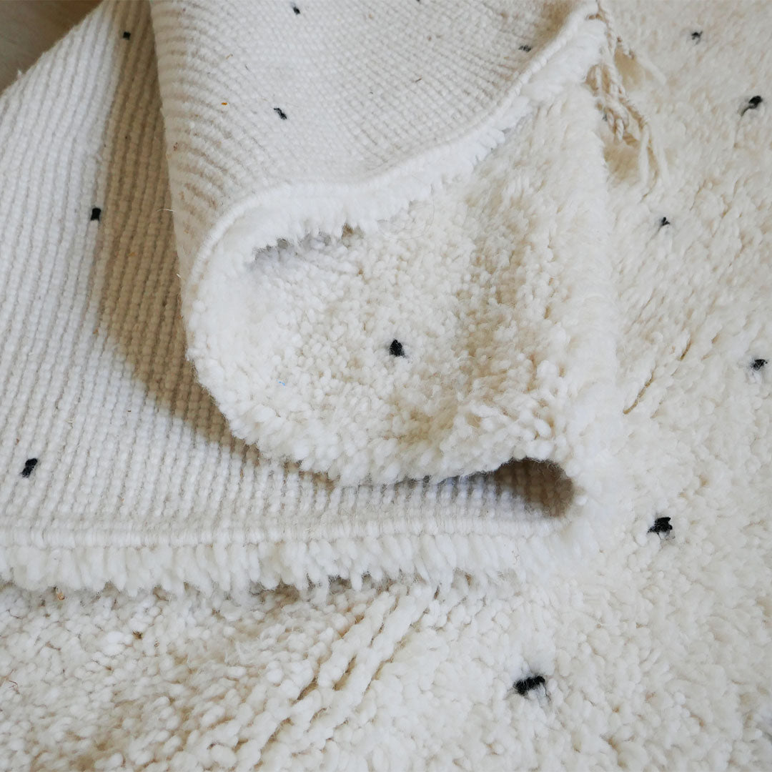 genuine beni ouarain handmade abstract wool moroccan rug berber neutral minimalist black dots carpet