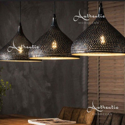 Funnel Black Pierced Brass Dome Ceiling Lights over office table - Authentic Moroccan