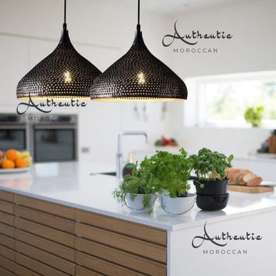 Funnel  Black Pierced Brass Dome Ceiling Lights over kitchen island - Authentic Moroccan