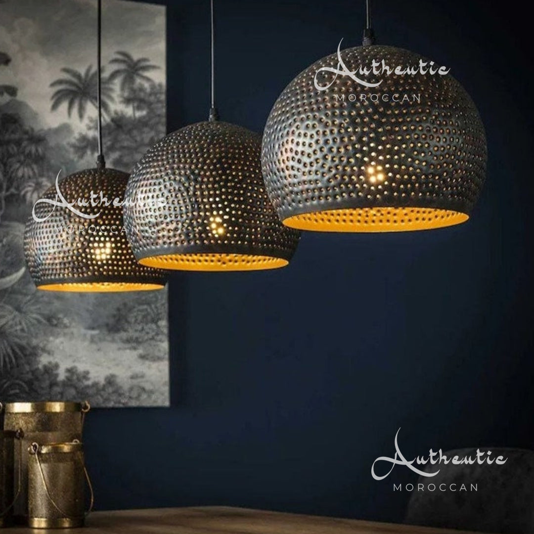 Black Pierced Brass Retro Globe Ceiling Light, - Authentic Moroccan