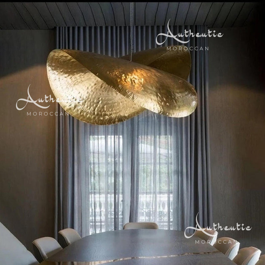 Nordic Leaf Brass Ceiling Light fixture, Handmade Gold Hammered Brass pendant chandelier, modern hanging lampshade.