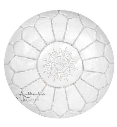Moroccan Leather Pouffe, Full White