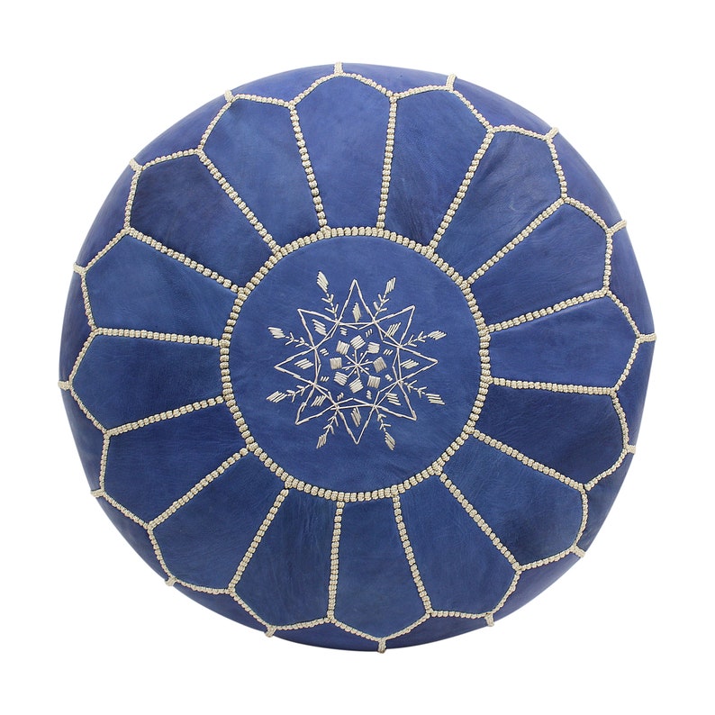 Blue Jeans Moroccan Leather Pouffe - Authentic Moroccan