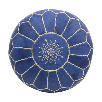 Moroccan Leather Pouffe, Blue Jeans