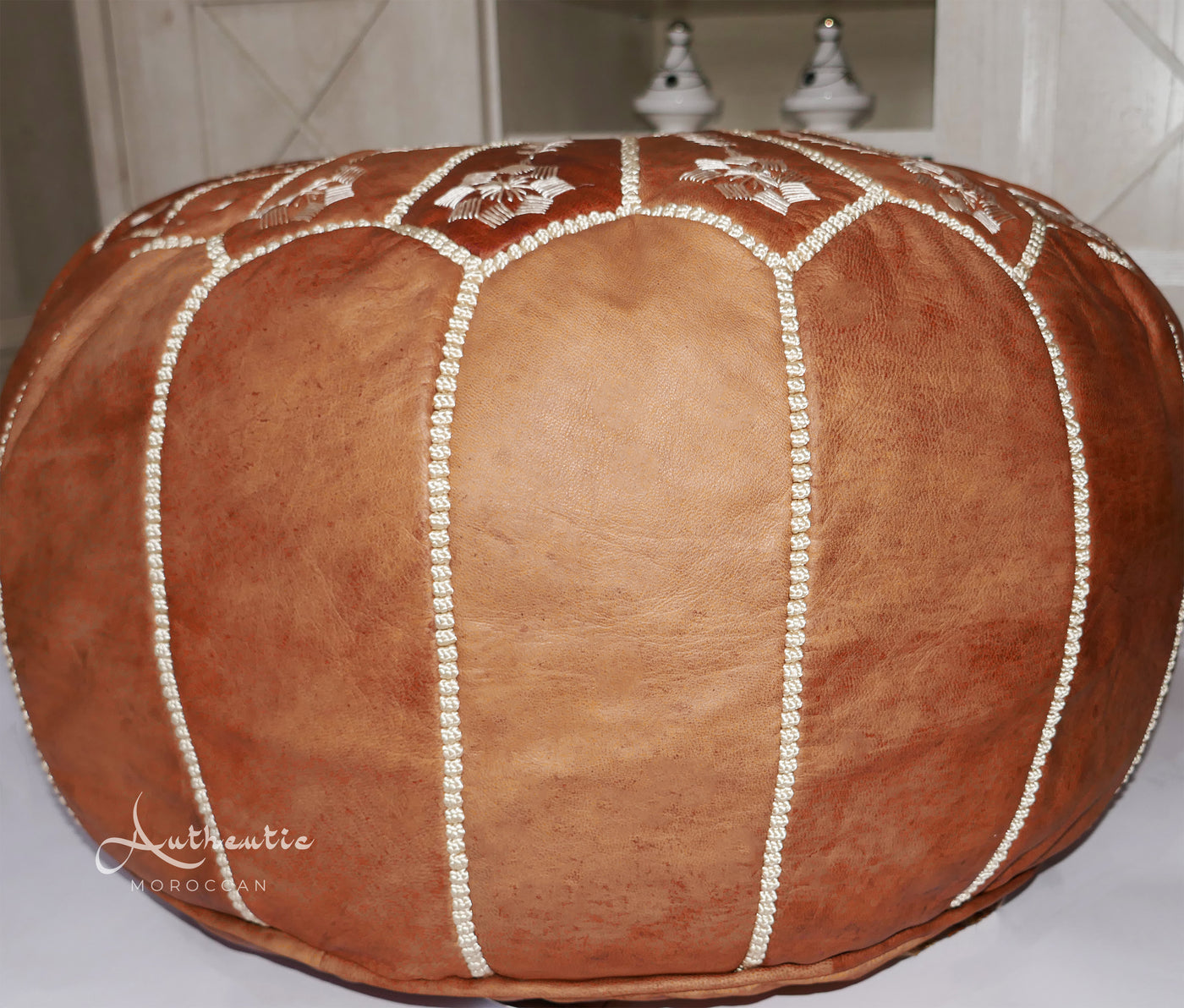 Moroccan Embroidered Leather Pouffe, Light Tan