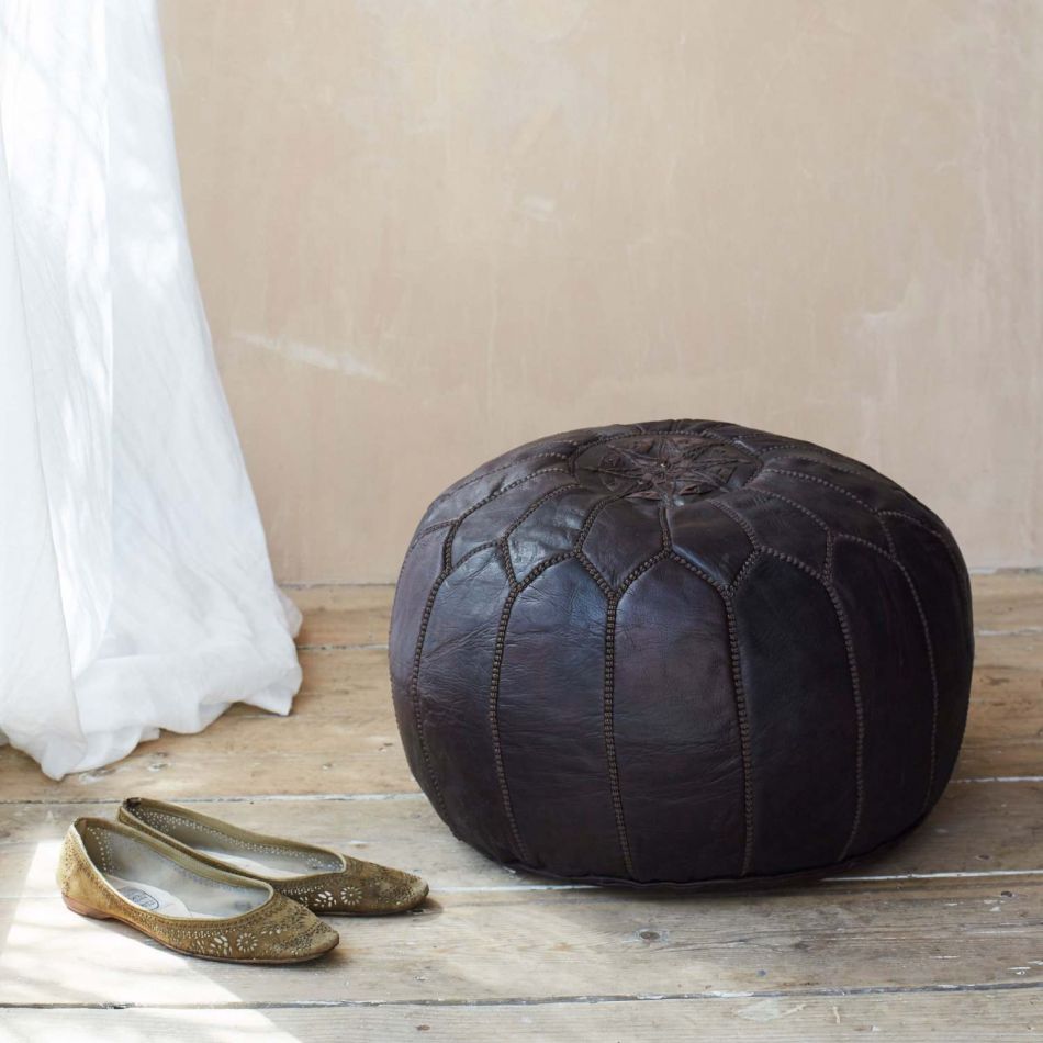 Moroccan Leather Pouffe, Full Black
