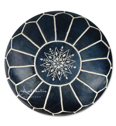 Moroccan Leather Pouffe, Navy Blue