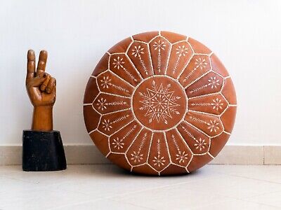 Moroccan Embroidered Leather Pouffe, Light Tan